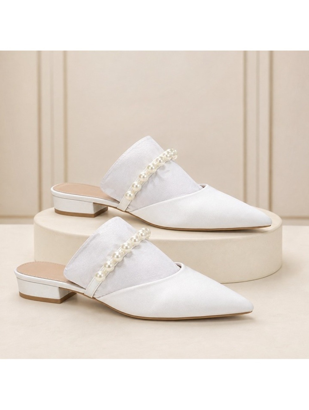Lulu Hershie White Satin Pointed Toe Heels Pearl Ankle Strap